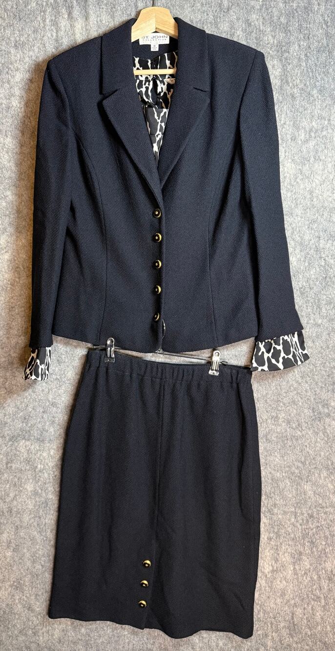 St John Collection 3 Piece Black Animal Print Skirt Suit Set Size 10/8/L
